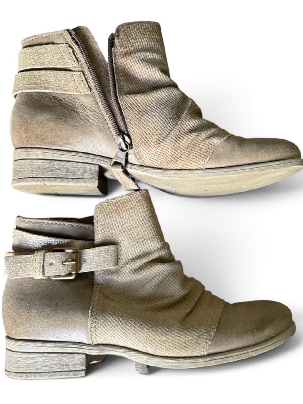 Miz Mooz Neutral Taupe Textured Ankle Boots with Buckle • Size 38